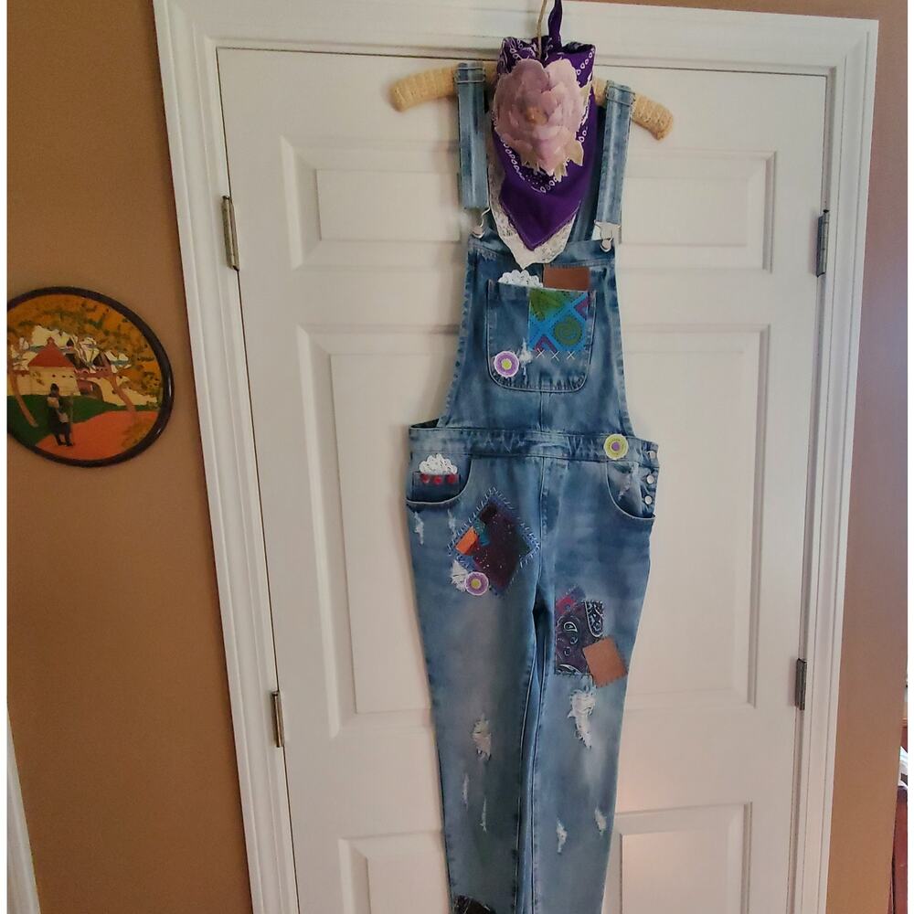 Refashioned Upcycled Patched and Distressed Boho‎ Overalls Handmade SzMed - Picture 13 of 13